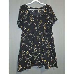 Always Indigo Floral Print Tiered Dress‎ Short Sleeve Casual Black 2X